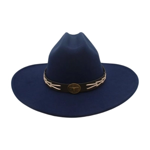 Detail of navy wide brim fedora hat featuring black leather band and retro metal buckle