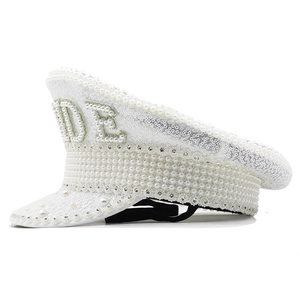 Elegant white lace bride captain hat with pearls, sequins, and sparkling rhinestones