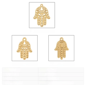 Detailed specs of stainless steel Hamsa Hand pendants in various sizes and weights