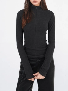 Slim fit dark grey thermal long sleeve shirt with half-zip stand collar for women