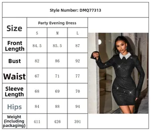 Detailed sizing chart for women's elegant sequin party dress with backless design