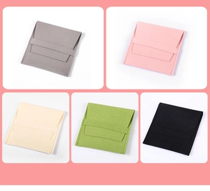 Collage of microfiber jewelry pouches in pink, gray, beige, green, and black colors