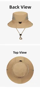 Detail of khaki hiking hat showing breathable grey mesh vents and back-to-top views