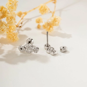Elegant silver snake cartilage studs with sparkling zircon stones and threaded backings