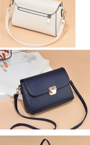 Detail of blue and beige leather bag showing litchi texture and gold metal buckle