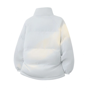 Back view of a white stand-collar puffer jacket featuring horizontal quilting and elastic cuffs