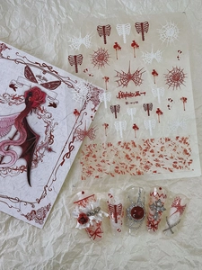 Gothic nail stickers featuring skull and spider web patterns with red rose 3D nail charms