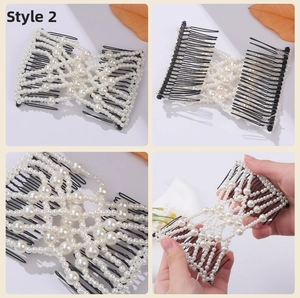 Detail of stretchable double hair comb with elegant white pearls and flexible design