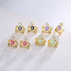 18K gold-plated crown stud earrings with micro-inlaid zircon and colorful evil eyes