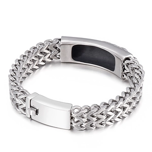Mens hip hop style titanium steel feather cross bracelet on a clean white background