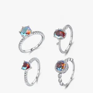 Bague En Argent Sterling 925 Avec Zircon Arc-En-Ciel Bijoux De Doigt Mode Forme De Coeur Élégant Pour Femmes