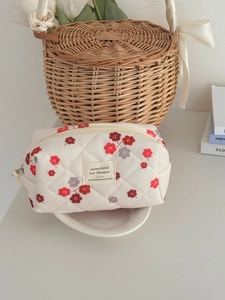 Beige Kosmetiktasche aus Cord mit roten Blumen und großem Fassungsvermögen für Reisen