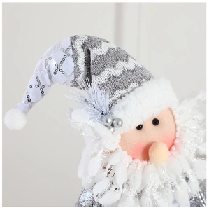 Close-up of telescopic Santa Claus doll showing knitted textures and sequin details