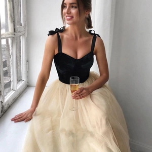 Elegant sleeveless velvet bodice party dress with multi-layered beige tulle mesh skirt