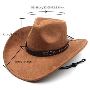 Brown western cowboy hat in faux suede with studded band and adjustable wind cord