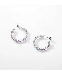 Detail of S925 silver C-shape earrings with colorful marquise zircons and gems