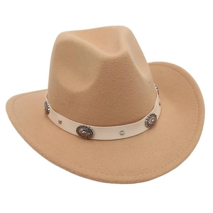 Detail view of khaki western cowboy hat with leather band and metal concho studs