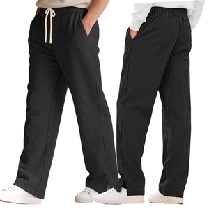 Men's black waffle knit straight leg casual pants with adjustable white drawstring waist