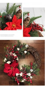 Detail of Christmas wreath with red poinsettia, pine cones, berries and white cotton buds