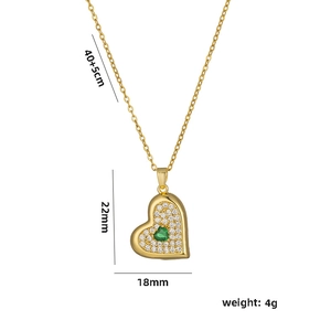 Gold heart pendant necklace with emerald green zircon stone and sparkling crystals