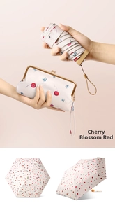 Detail of portable folding umbrella with cherry print and matching gold clasp handbag