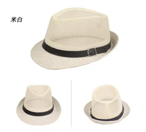 Close-up of beige breathable mesh fedora hat with black leather band and silver buckle