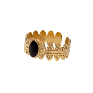 Retro 18K gold plated stainless steel open ring with black oval stone and embossed texture