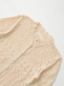 Detailed macro view of beige crochet cardigan with floral lace mesh and knit buttons