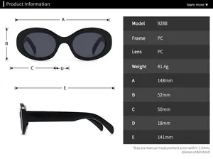 Detailed size chart for marble pattern oval sunglasses with 148mm total frame width