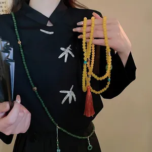 Collier Long Perles Style Nouveau Chinois Vintage Chaîne Verre Avec Gland Satin Bijoux Ethniques Zen Pour Femmes