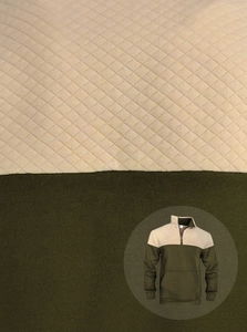 Macro shot of men's quarter-zip sweatshirt featuring beige waffle knit and green fabric