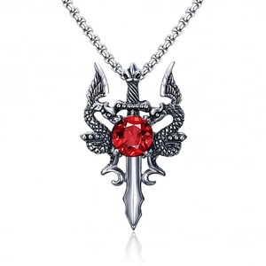 Vintage titanium steel necklace with a red gemstone cross pendant and pearl chain detail