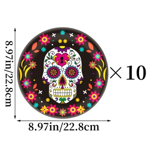 Set of 10 Day of the Dead paper plates with colorful sugar skull design 9 inch