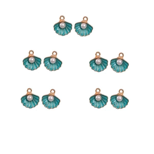 Detail of 10-piece shell charms with turquoise enamel and pearl accents for DIY jewelry