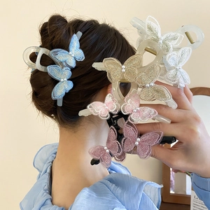 Butterfly Embroidery Hair Claw Clips Faux Artificial Pearl Lace Sweet Vintage Hairpin Accessories For Women