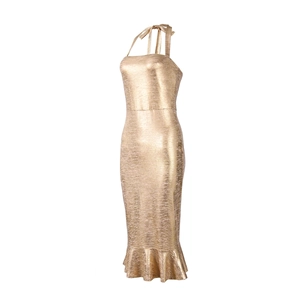 Detail of gold metallic fishtail dress with halter neck and ruffled hem for party wear