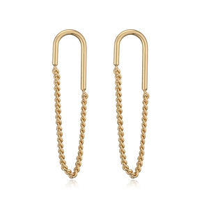 Detailed view of 18K gold plated heart earrings with polished U-shape and metal chain