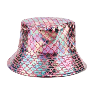 Fashionable iridescent holographic mermaid fish scale pattern bucket hat for sun protection