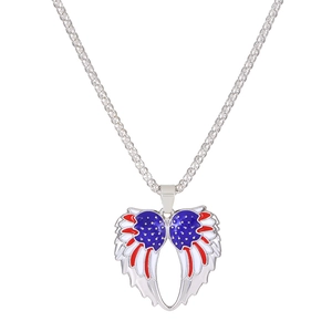 Independence Day necklace with red white and blue enamel heart wings pendant on white background
