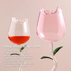Creative rose flower shaped red wine glass with pink petals and green leaf stem design