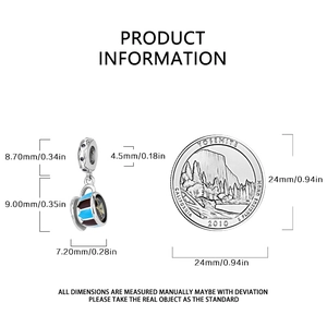 Detailed dimensions of a coffee cup charm with coin for size reference and scale