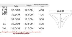 Size chart for low-waist ice silk panties showing waist and length in S to XXL
