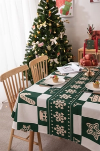 Close-up of waterproof polyester Christmas tablecloth with green and white checkered patterns