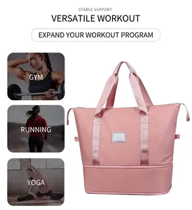 Detail of pink gym bag featuring a bottom compartment for dry and wet separation