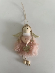 Detail of pink wool angel Christmas tree ornament with gold wings and wooden beads