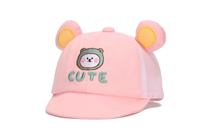 Detail of pink baby baseball cap featuring mesh panels, 3D ears and cute bear embroidery