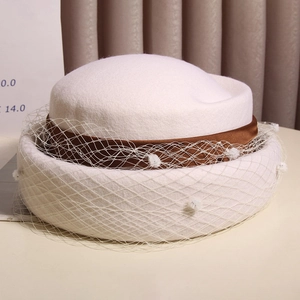 French vintage beige wool beret hat with veil and brown ribbon for women