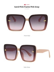 Detail of square oversized pink sand sunglasses with gradient lenses and gold M logo