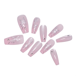 Pink cat eye press-on nails with silver butterfly patterns and rhinestones