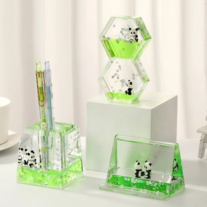 Cute panda liquid hourglass desk decor set with green floating glitter in acrylic